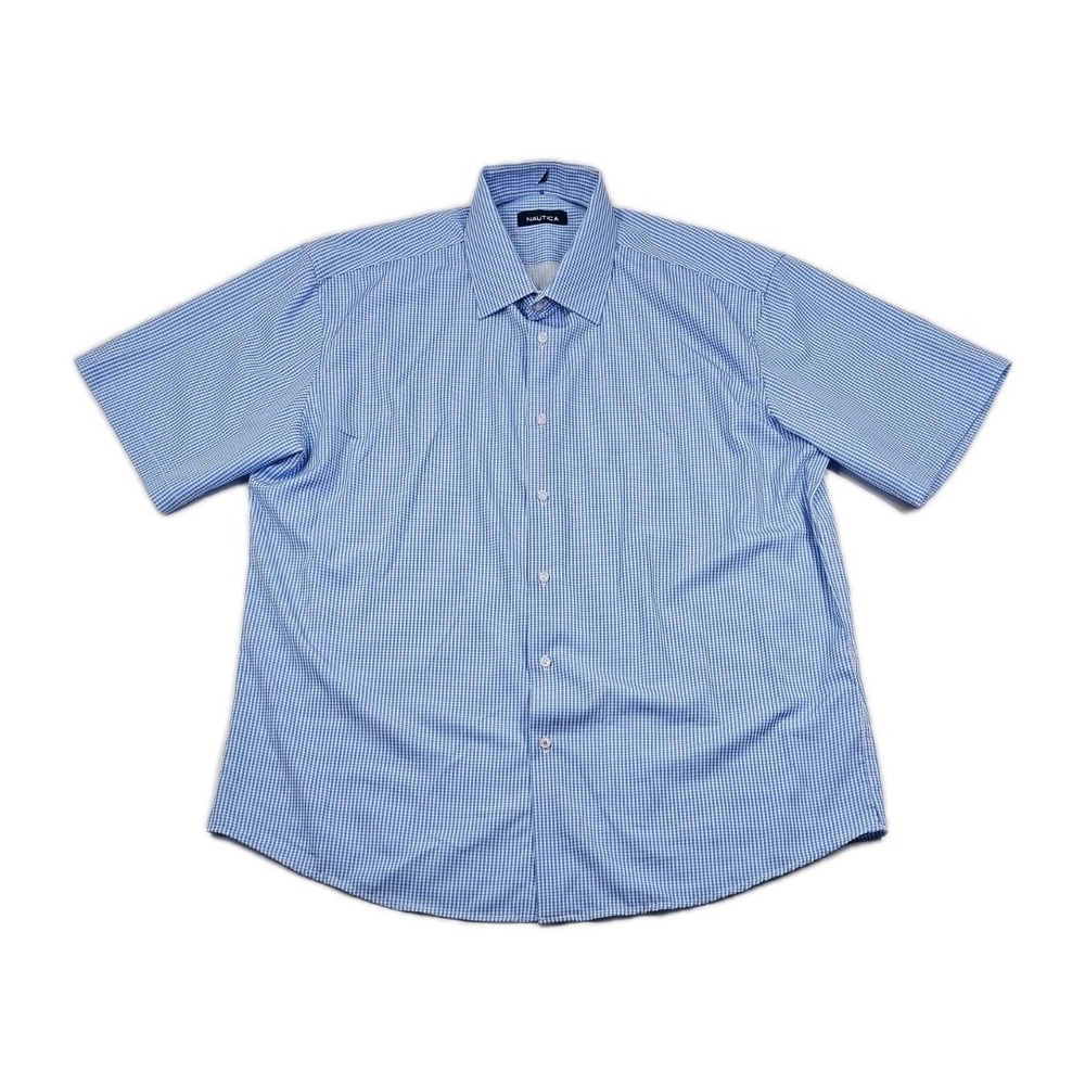 Nautica Shirt Men XL 17-17.5 Blue Check Gingham Short Sleeve Button Up‎ Stretch